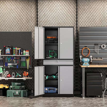 Metal Garage Storage Cabinet, 71" Lockable Storage Cabinet with 2 Adjustable Shelves and 1 Drawer for Garage, Utility Room, Warehouse (Black Grey)