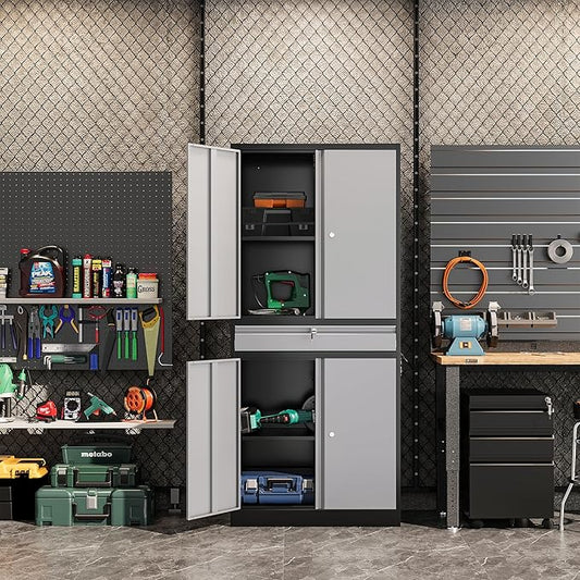 Metal Garage Storage Cabinet, 71" Lockable Storage Cabinet with 2 Adjustable Shelves and 1 Drawer for Garage, Utility Room, Warehouse (Black Grey)