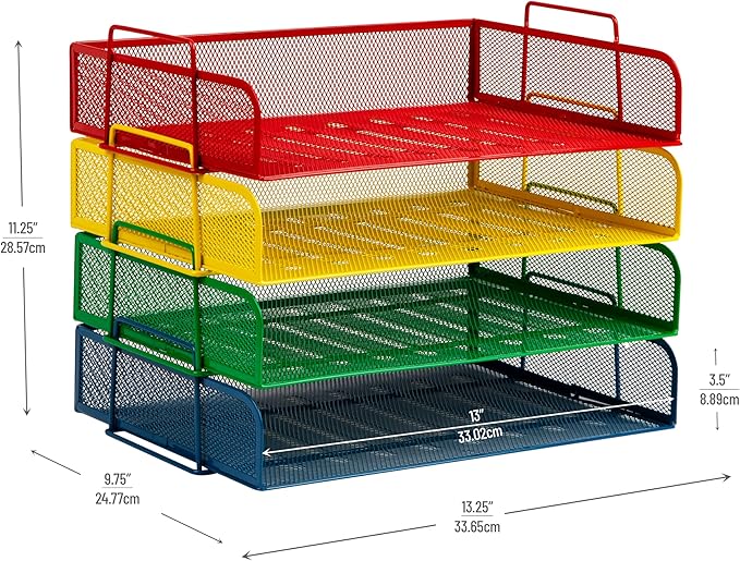 Mind Reader Stackable Paper Tray, Classroom Organizer, File Storage, Teachers, Metal Mesh, 4 Pcs., Multi-Colored