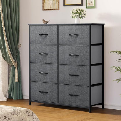 YITAHOME Dresser for Bedroom, Double Dresser with 8 Drawers, Storage Tower with Fabric Bins, Chest of Drawers for Closet & Living Room (Black Wood Grain)
