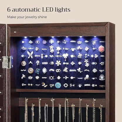 SONGMICS 6 LEDs Mirror Jewelry Cabinet, 47.2-Inch Tall Lockable Wall or Door Mounted Jewelry Armoire Organizer with Mirror, 2 Drawers, 3.9 x 14.6 x 47.2 Inches, Brown UJJC93K