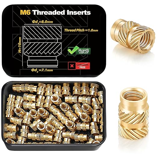 Kadrick 50Pcs M6 Threaded Inserts for 3D Printing Components,M6*10 * 8 Metric Brass Knurled Nuts, Insert by Heat into Plastic Parts