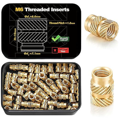 Kadrick 50Pcs M6 Threaded Inserts for 3D Printing Components,M6*10 * 8 Metric Brass Knurled Nuts, Insert by Heat into Plastic Parts