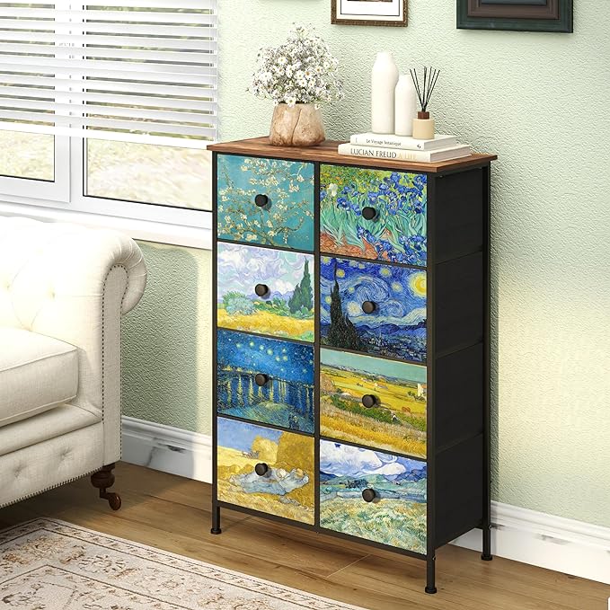 EXOTICA Tall Dresser with 8 Drawer for Bedroom Narrow Van Gogh Chest of Drawers for Hallway Closet Living Room Steel Frame Rustic Brown Wood Grain Wood Top