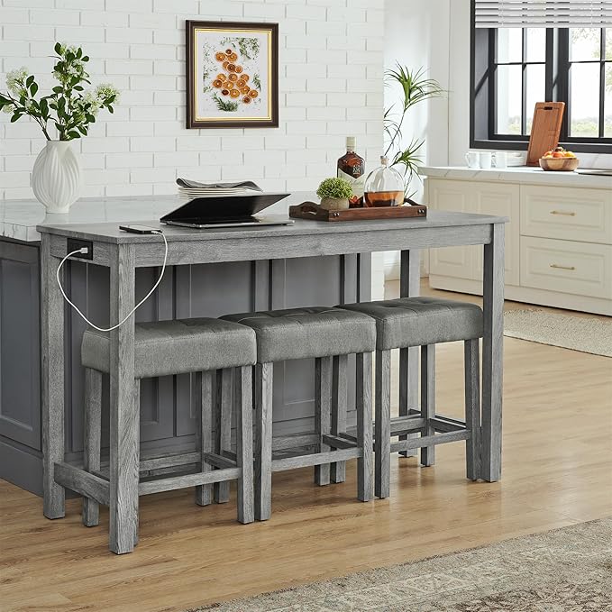 59" Power Outlet Mid Century Console Table, Slim Console Table with Solid Wood Frame, Long Narrow Console Tables for Living Room & Kitchen, Grey