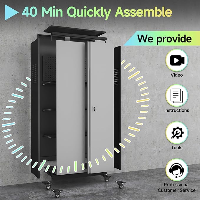 Metal Garage Storage Cabinet with Wheels,71" Tool Storage Cabinet with Adjustable Shelves,Lockable Storage Cabinets with Pegboards for Warehouse,Workshop,Garage,Basement,Utility Room(Black Grey）