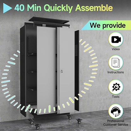 Metal Garage Storage Cabinet with Wheels,71" Tool Storage Cabinet with Adjustable Shelves,Lockable Storage Cabinets with Pegboards for Warehouse,Workshop,Garage,Basement,Utility Room(Black Grey）