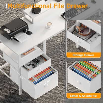 Furologee 66” L Shaped Desk with Power Outlet, Reversible Computer Gaming Desk with File Drawer & 2 Monitor Stands for Home Office with Storage Shelves, White