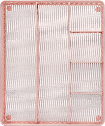 Annova Desk Top Organizer Tray for Office Organization - Metal Mesh - Storage Tray with Dividers for Pens, Desktop Accessories, Bathroom, Kitchen, Makeup and Office Supplies (Large, Light Pink)