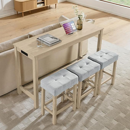 59" Power Outlet Mid Century Console Table, Slim Console Table with Solid Wood Frame, Long Narrow Console Tables for Living Room & Kitchen, Light Oak