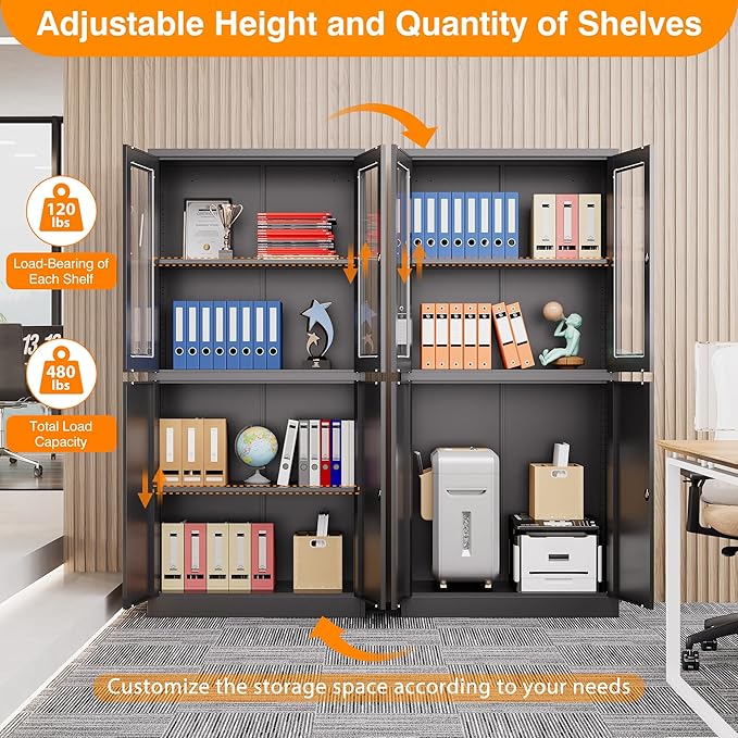 Metal Storage Cabinet with Glass Doors, Lockable Office Storage Cabinet, 71" Tall Display Case with Adjustable Shelves for Home Office,School and Hospital (Black)