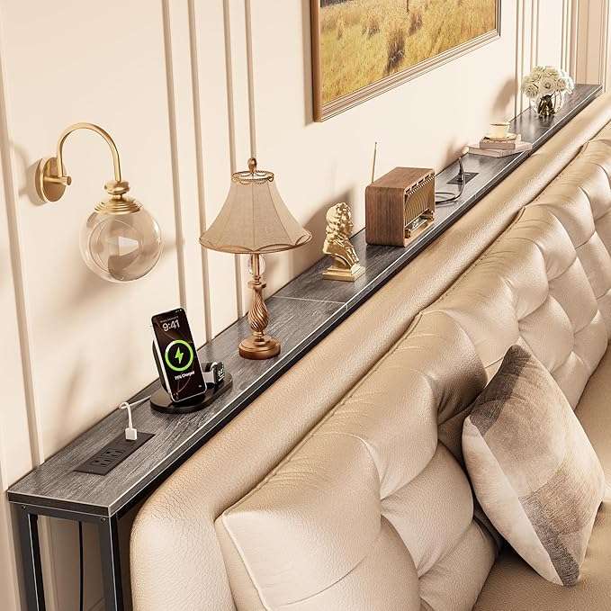 Huuger 141.7 Inch Sofa Table with Power Outlets and USB-C Ports, 5.9 Inch Narrow Entryway Table, Behind Couch Table with Storage, Extra-Long Console Table, Living Room, Grey