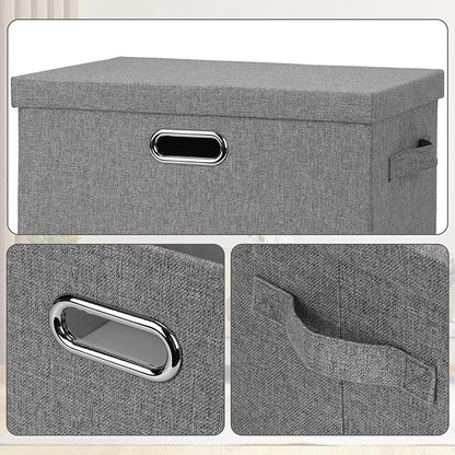Large 17" 36 Quart Collapsible Stackable Storage Bins with Lids, 3 Packs Grey Linen Fabric Closet Boxes with Lids, Storage Cube Baskets Container Organizers for Bedroom Office(17 x12 x11)