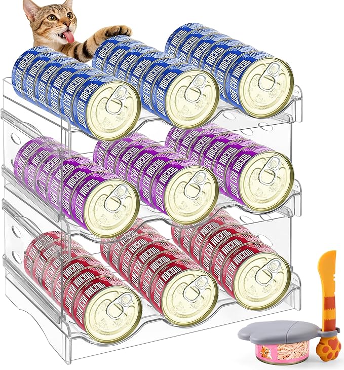 Cat Food Can Organizer, 3 Layer Clear Acrylic Cat Food Storage Rack Holds 54 Cans, Includes Pet Can Spoon & Silicone Can Cover, Canned Food Organizer for Countertop Kitchen Cabinet