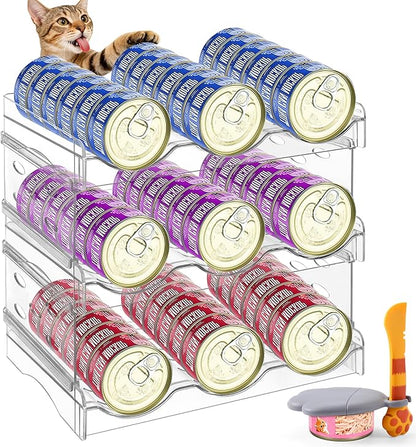 Cat Food Can Organizer, 3 Layer Clear Acrylic Cat Food Storage Rack Holds 54 Cans, Includes Pet Can Spoon & Silicone Can Cover, Canned Food Organizer for Countertop Kitchen Cabinet