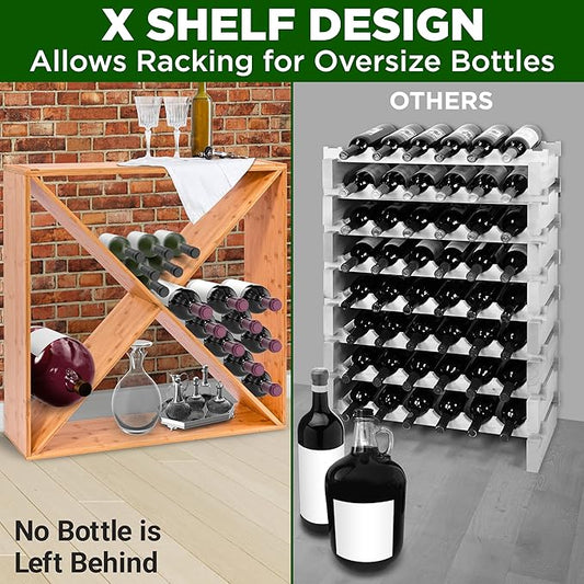 Nutrichef X Self Oversize Stackable Modular Wine Rack, Fits Up to 84 Standard Size Bottles Compatible and Stackable w/All Wine Racks - Bamboo Construction with Anti Moisture Protective Finish