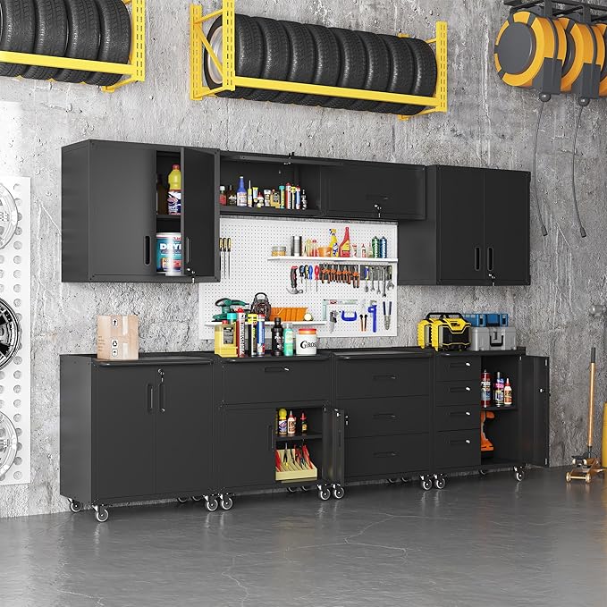Black Garage Storage Cabinets System 8PCS Workshop Set with Drawers Locking Heavy Duty Rolling Cart with Adjustable Shelves Garage Tool Workbench Cabinets