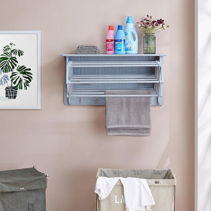 Danya B Accordion Clothes Drying Rack, Retractable, Wall Mounted Towel Rack and Hooks for Clothes and Towels for use in Laundry Room or Garage (Gray)