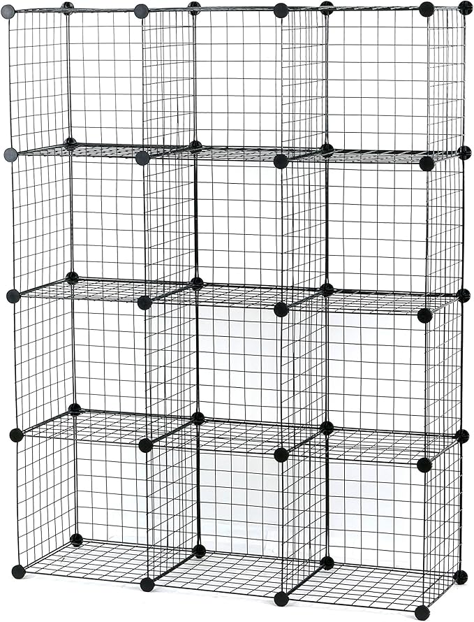 UNICOO® 14x14 Inch Multi Use DIY Bookcase & Shelf | Closet Organizers and Storage Cabinet - 12 Cube Wire Grid Organizer, Wardrobe Closet Organizer, Storage Shelves for Bedroom (12-Black Wire)