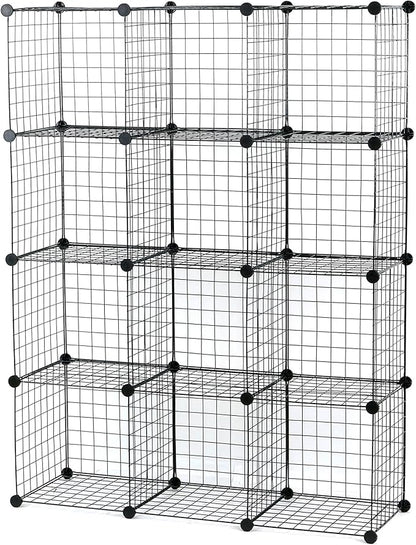 UNICOO® 14x14 Inch Multi Use DIY Bookcase & Shelf | Closet Organizers and Storage Cabinet - 12 Cube Wire Grid Organizer, Wardrobe Closet Organizer, Storage Shelves for Bedroom (12-Black Wire)