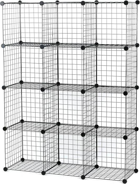UNICOO® 14x14 Inch Multi Use DIY Bookcase & Shelf | Closet Organizers and Storage Cabinet - 12 Cube Wire Grid Organizer, Wardrobe Closet Organizer, Storage Shelves for Bedroom (12-Black Wire)