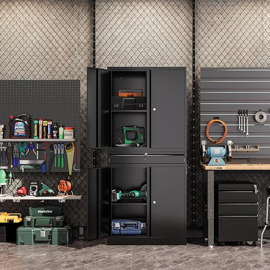 Metal Garage Storage Cabinet, 71" Lockable Storage Cabinet with 2 Adjustable Shelves and 1 Drawer for Garage, Utility Room, Warehouse (Black)