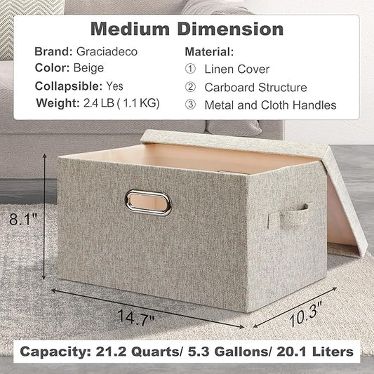 Medium 15" 21 Quart Collapsible Stackable Storage Bins with Lids, 1 Pack Beige Foldable Fabric Closet Storage Boxes with Lids, Heavy-duty Linen Baskets for Bedroom