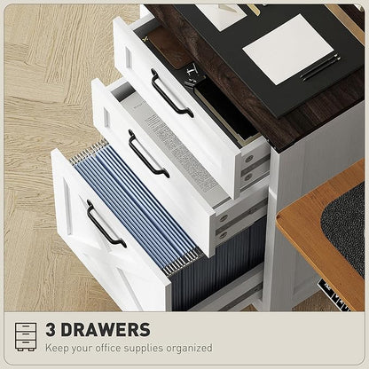 HOMCOM 3 Drawer File Cabinet with Silent Slides, Vertical Filing Cabinet for Hanging A4/Letter Size, Rustic Farmhouse Printer Stand with Storage for Home Office, Distressed White
