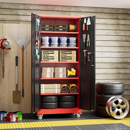 71" H Metal Garage Storage Cabinet with 5 Adjustable Shelves and Pegboard,Steel Storage Cabinet with Wheels for Garage Home Office Utility Room,Required Assembly, Red and Black