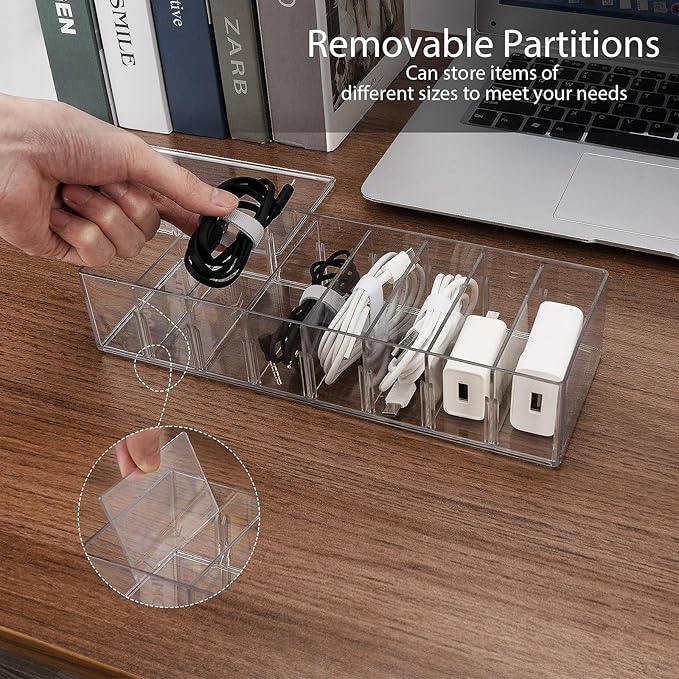 Cable Organizer Box with 10 Wire Ties, Clear Charger Cord Storage Organizer Case, Desktop Drawer Accessories Power Wire Storage with 8 Compartments, Office, Home, Stationery Storage Supplies
