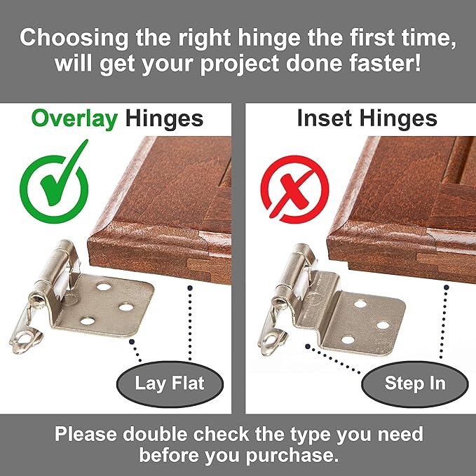 DecoBasics Cabinet Hinges Brushed Nickel for Kitchen Cabinets Doors (30 Pair -60 Pcs) -1/2" Overlay (Variable) -Self Closing Kitchen Cabinet Hinges Flush Mount w/Silicon Bumpers & Hardware Screws