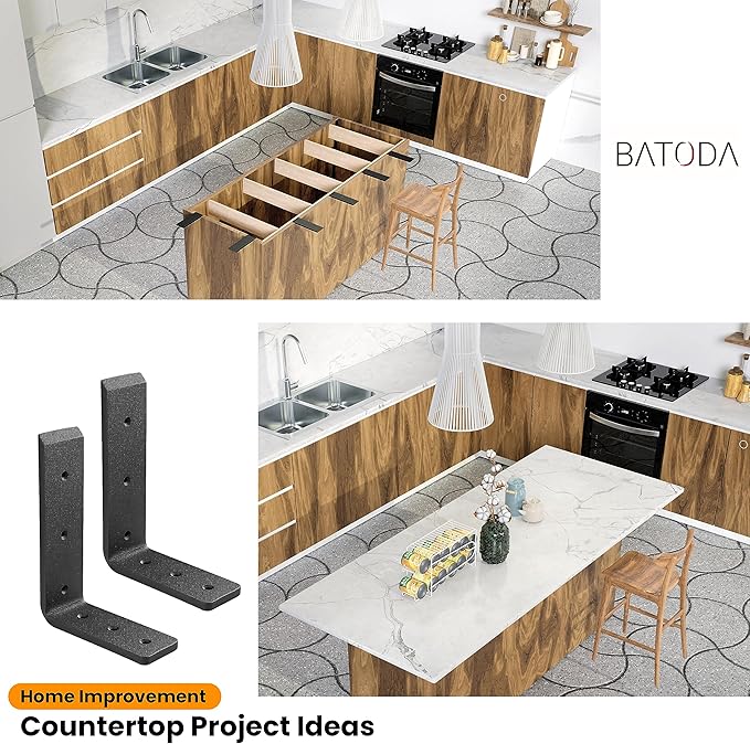 BATODA 12” Countertop Support Brackets for Granite (2 pcs) - Heavy Duty L Shelf Bracket - Wall Mounted Support for DIY Open Shelving – Blind Shelf Support - Shelving Mounting Hardware Included(Pack 2)
