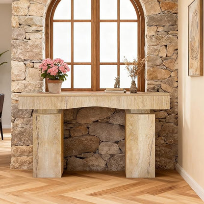 63 Inch Long Entryway Table Bold, Wooden Console Table with Socket Farmhouse Sofa Table for Entrance, Hallway, Living Room, Behind Couch(Natural Brown)