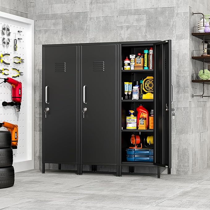 47.24" Metal Storage Locker with Lockable, Employees Metal Steel Locker with 1 Door ＆ 3 Adjustable Shelves, Small Locker Storage Cabinets for Home, School, Office, Gym (Black)