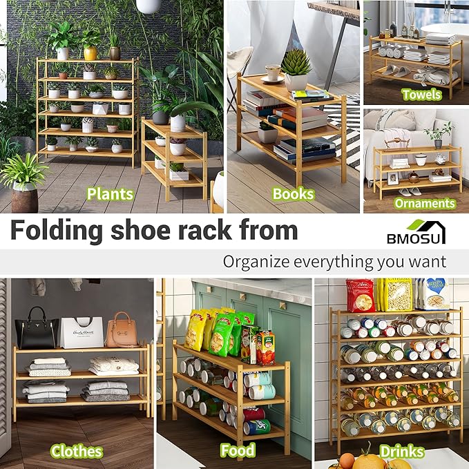 BMOSU 3-Tier Bamboo Extended Shoe Rack Premium Stackable Shoe Shelf Storage Organizer for Hallway Closet Living Room Entryway Organizer(Natural)
