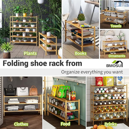 BMOSU 3-Tier Bamboo Extended Shoe Rack Premium Stackable Shoe Shelf Storage Organizer for Hallway Closet Living Room Entryway Organizer(Natural)
