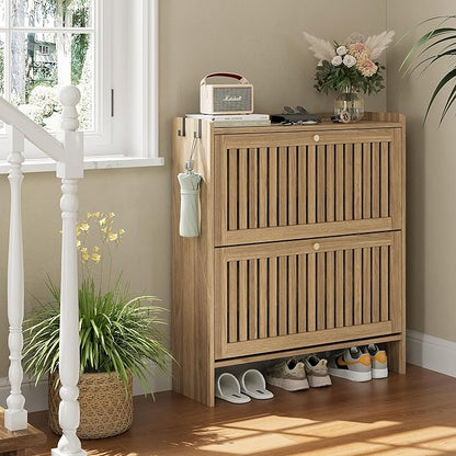wanan 31.5" Shoe Cabinet with 2 Flip Slatted Drawers, Adjustable & Removable Panels, Narrow Shoe Cabinet Storage for Entryway, Hallway, Shoe Rack Organizer Cabinet, Light Oak