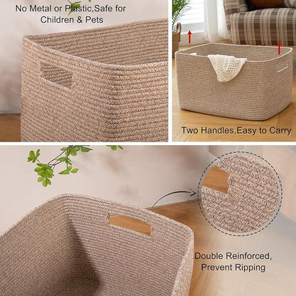 OIAHOMY Cotton Rope Basket, Rectangle Woven Nursery Blanket Basket, Toy Storage Basket with Handle, Baskets for Organizing, 18”x14”x12”, Brown variegated