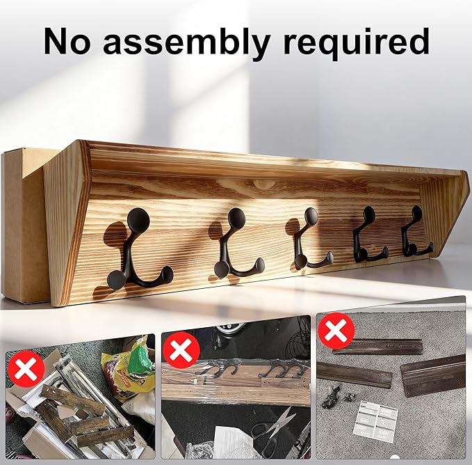 SKOLOO Wall Shelf with Hooks, 35-Inch Coat Rack Wall Mount with Shelf Organizer - Heavy Duty, 5 Tri Hooks - Perfect for Entryway, Hallway, Living Room, Bedroom, Mudroom, Wood Brown & Black