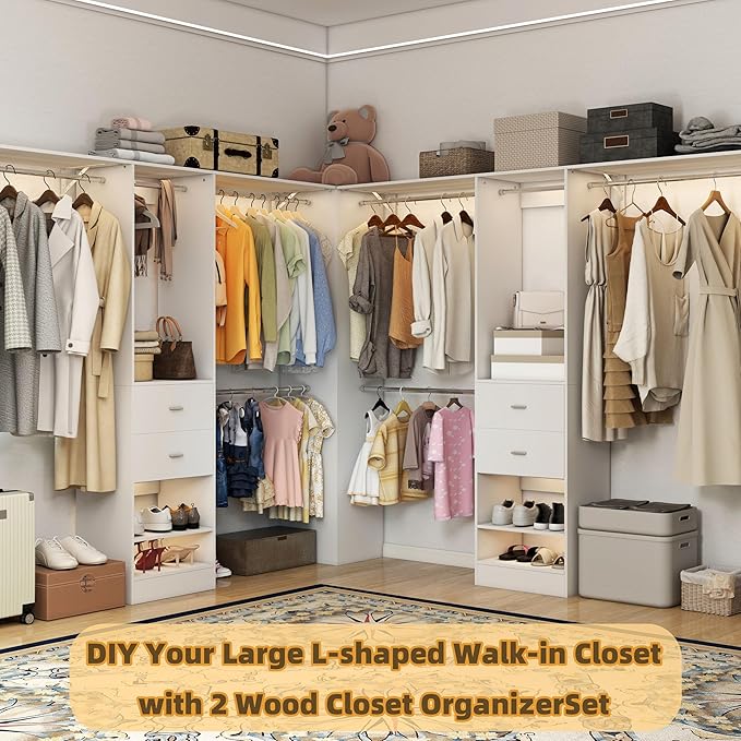 Closet System, 4Ft-9Ft Closet Organizer System With 2 Wooden Drawers, Walk-In Closet Storage System With 5 Expandable Hanging Rods, Adjustable Cloth Garment Rack from 4 to 9FT, White