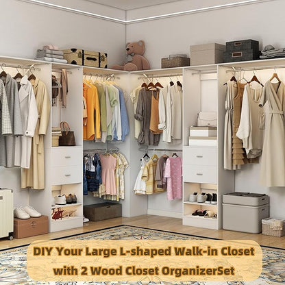 Closet System, 4Ft-9Ft Closet Organizer System With 2 Wooden Drawers, Walk-In Closet Storage System With 5 Expandable Hanging Rods, Adjustable Cloth Garment Rack from 4 to 9FT, White