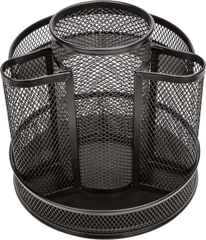 Annova Mesh Desk Organizer Rotate with 5 Compartments Round Spinning Tidy Candy/Pen Holder Desk Accessories Office, Art Supply, Storage, Classroom, Home (Black)