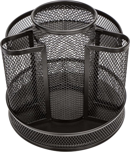 Annova Mesh Desk Organizer Rotate with 5 Compartments Round Spinning Tidy Candy/Pen Holder Desk Accessories Office, Art Supply, Storage, Classroom, Home (Black)