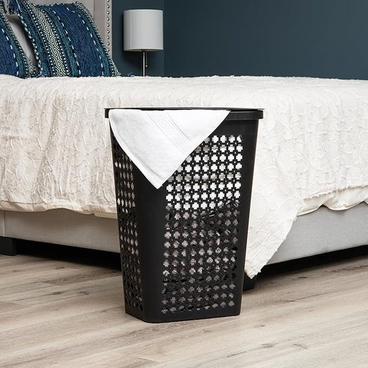 Mind Reader Slim Tapered Laundry Hamper with Lid, Clothes Basket with Swiss Cross Cut-Outs, Lightweight & Ventilated, Plastic, 16.75"L x 12.75"W x 23"H, Black