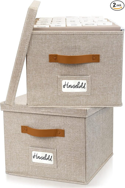 ZICOTO Decorative File Organizer Box Set of 2 - Collapsible Linen Filing Cabinets w/Handles Are Perfect to Store all Your Documents & Hanging File Folders - Portable Easy Slide Crates with Lid