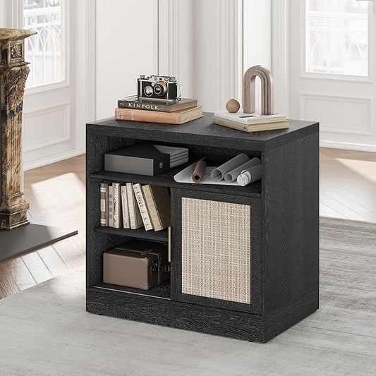 File Cabinet with Sliding Door, 32'' Rattan Office Cabinet with Open Adjustable Storage Shelves, Wood Filing Cabinet for Home Office, Black