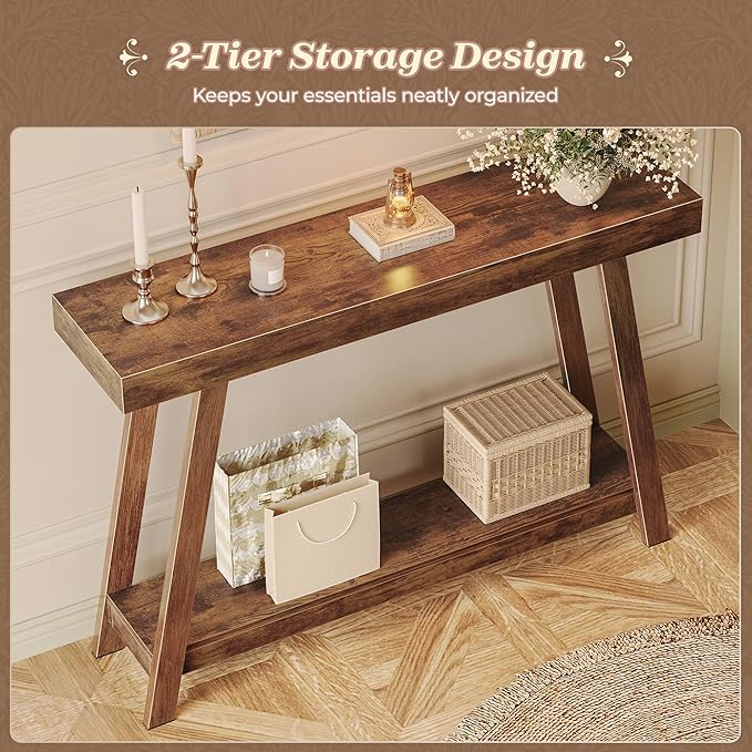 Huuger Console Table with Charging Station, USB-C Port, 2 Tiers Entryway Table, 47.2 Inch Sofa Table with Metal Legs, Entry Hallway Table with Thicker Desktop, Behind Couch Table, Rustic Brown