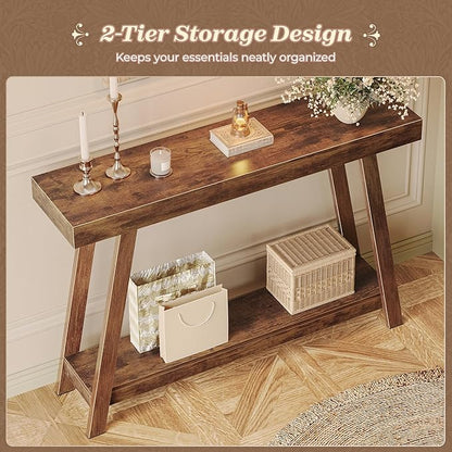 Huuger Console Table with Charging Station, USB-C Port, 2 Tiers Entryway Table, 47.2 Inch Sofa Table with Metal Legs, Entry Hallway Table with Thicker Desktop, Behind Couch Table, Rustic Brown