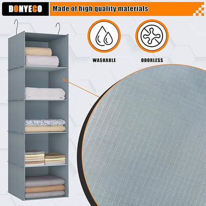 Hanging Closet Organizer 5-Shelf, Easy Mount Foldable Wardrobe Storage Shelves, Clothes Handbag Shoes Accessories, Washable Oxford Cloth Fabric, Gray