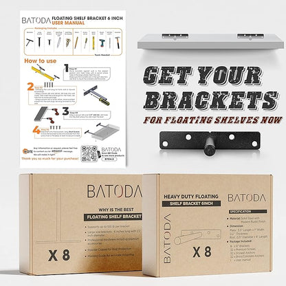 BATODA - 6" Floating Shelf Bracket Heavy Duty (8 pcs)-Solid Steel Blind Shelf Supports - Hidden Brackets for Floating Wood Shelves - Blind Shelf Support - Shelving Mounting Hardware Included (Pack 8)